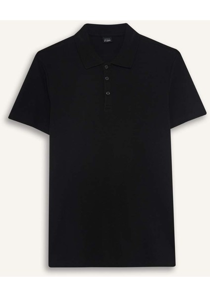 Slim Fit Dar Kesim Polo Yaka Kısa Kollu Pamuklu Modal Karışımlı Basic Düz Siyah Tişört M6609AZ25SP