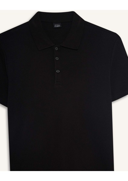 Slim Fit Dar Kesim Polo Yaka Kısa Kollu Pamuklu Modal Karışımlı Basic Düz Siyah Tişört M6609AZ25SP