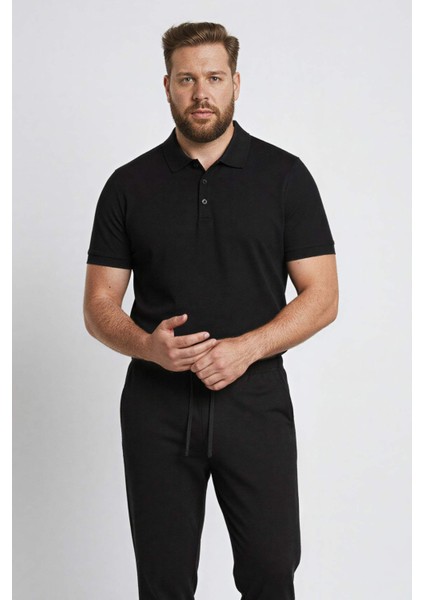 Slim Fit Dar Kesim Polo Yaka Kısa Kollu Pamuklu Modal Karışımlı Basic Düz Siyah Tişört M6609AZ25SP