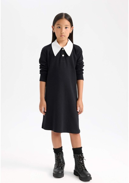 Kız Çocuk Gömlek Yaka Basic Düz Uzun Kollu Siyah Elbise