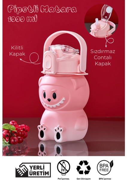 Labubu Suluk - 1000 ml Taşınabilir Kulplu, Pipetli, Bpa’sız, Kilitli ve Sızdırmaz Kapak - Pembe