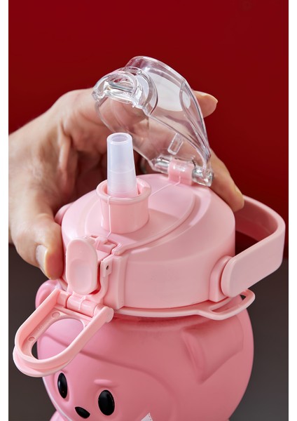 Labubu Suluk - 1000 ml Taşınabilir Kulplu, Pipetli, Bpa’sız, Kilitli ve Sızdırmaz Kapak - Pembe