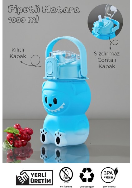 Labubu Suluk - 1000 ml Taşınabilir Kulplu, Pipetli, Bpa’sız, Kilitli ve Sızdırmaz Kapak - Mavi