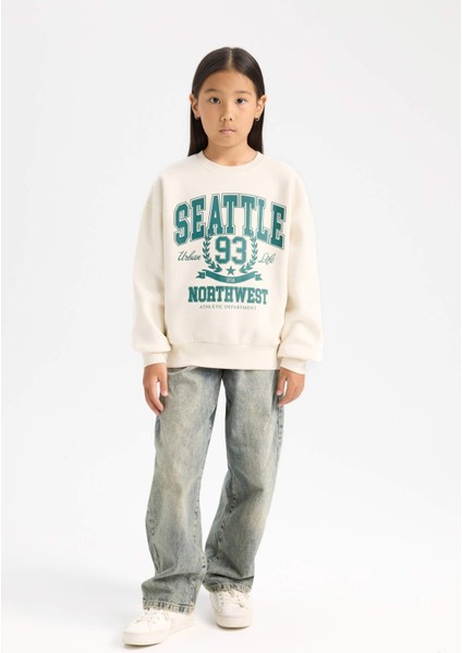 Kız Çocuk Relax Fit Bisiklet Yaka Baskılı Sweatshirt D7057A824WN