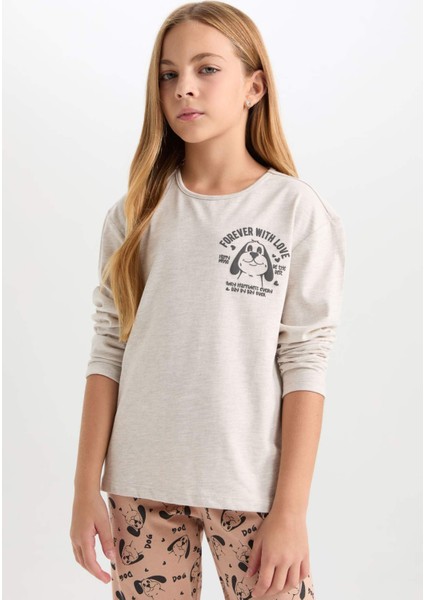 Kız Çocuk Pijama Takım Baskılı Uzun Kollu Üst Desenli Beli Lastikli Uzun Alt