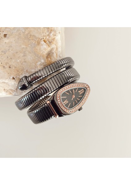 Serpent Siyah Saat Taşlı