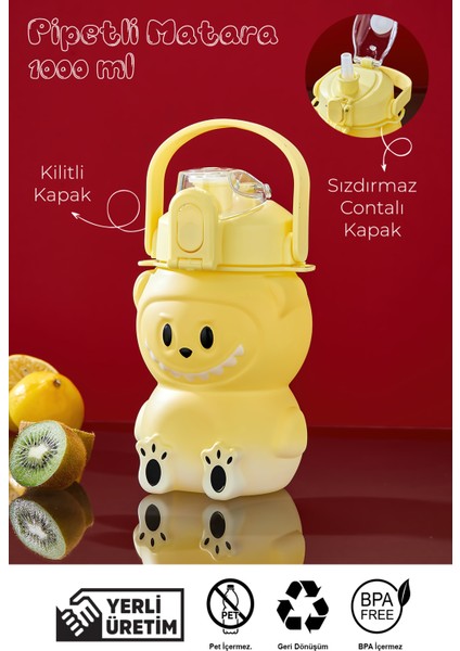 Labubu Suluk - 1000 ml Taşınabilir Kulplu, Pipetli, Bpa’sız, Kilitli ve Sızdırmaz Kapak - Sarı