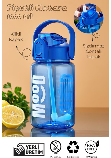 Spor Matarası Suluk - 1000 ml Pipetli , Kilitli Kapak, Su Sızdırmaz Tasarım - Mavi