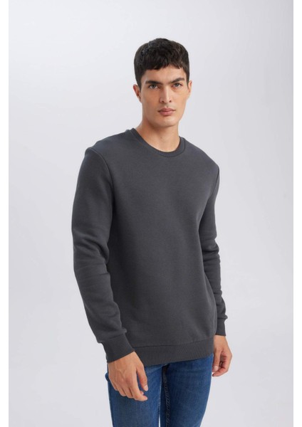 3 İplik Pamuklu Şardonlu İçi Polarlı Regular Fit Bisiklet Yaka Kalın Sweatshirt