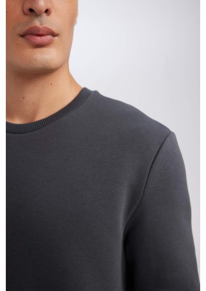 3 İplik Pamuklu Şardonlu İçi Polarlı Regular Fit Bisiklet Yaka Kalın Sweatshirt