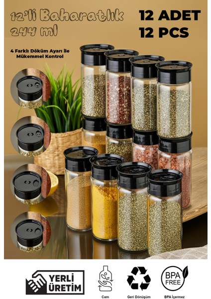 12'li Cam Baharatlık Seti - Siyah