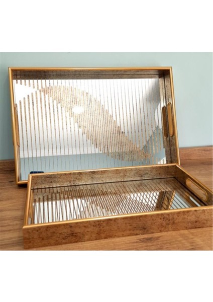 Ahşap Kenarlı Desenli Ikili Servis Tepsi Seti