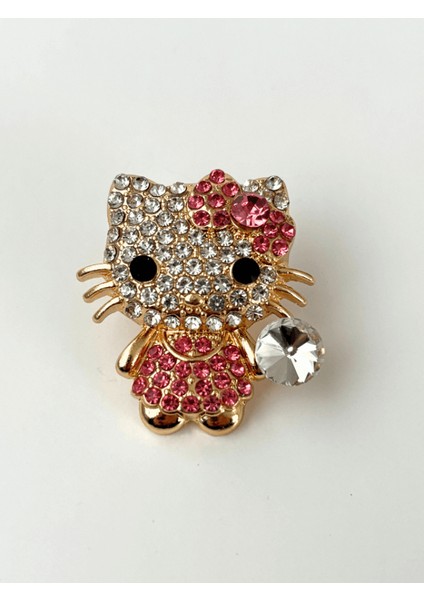 Hello Kitty Figürlü Pembe Işıltılı Parlak Taşlı Gold Broş