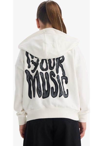 Kız Çocuk Oversize Geniş Kalıp Kapüşonlu Baskılı Fermuarlı Sweatshirt