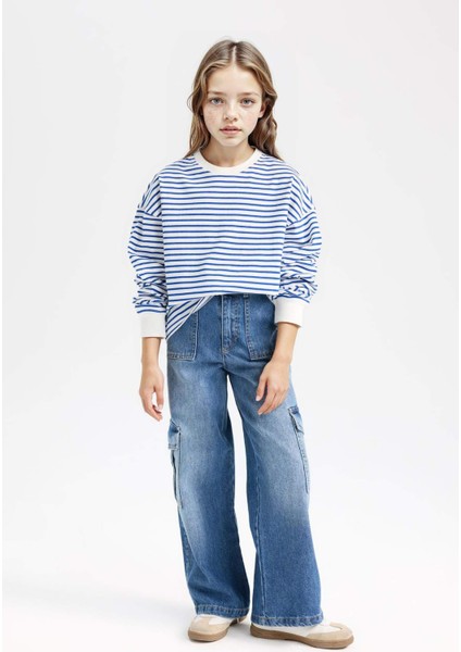 Kız Çocuk Relax Fit Bisiklet Yaka Çizgili Sweatshirt