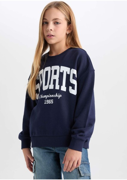 Kız Çocuk Relax Fit Bisiklet Yaka Baskılı Sweatshirt D6626A824AU