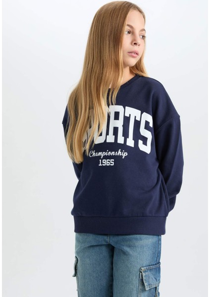 Kız Çocuk Relax Fit Bisiklet Yaka Baskılı Sweatshirt D6626A824AU