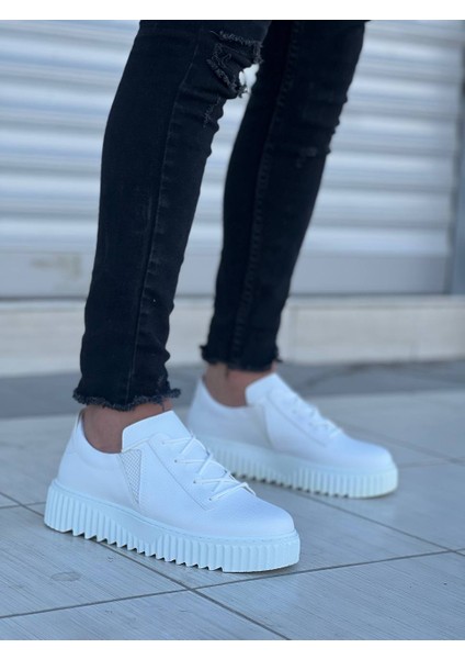 KB-X502 Kuback Beyaz Cilt Yüksek Beyaz Taban Bağcık Detaylı Lastikli Günlük Erkek Ayakkabı modelleri