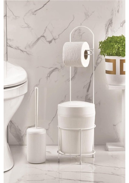 Metal Standlı Yuvarlak Kovalı & Kağıtlıklı & Fırçalıklı Beyaz Banyo Takımı fiyatları