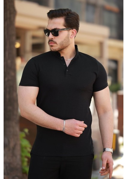 Erkek Hakim Yaka Dokuma Pamuklu Kumaş Kısa Kollu T-Shirt