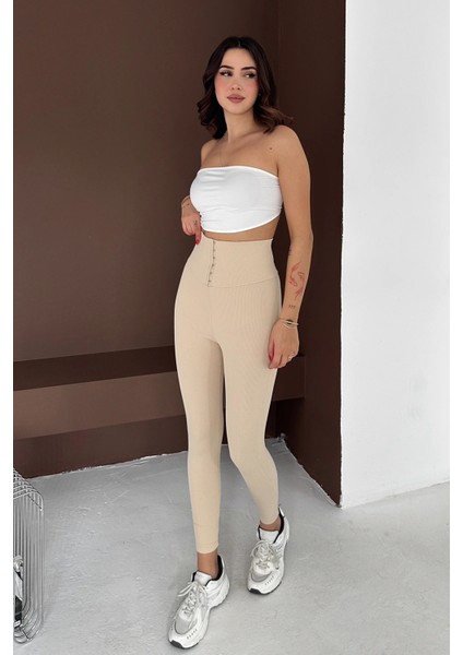 Beli Korse Detaylı Fitilli Tayt Krem