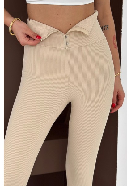 Beli Korse Detaylı Fitilli Tayt Krem modelleri