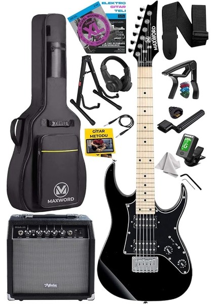 DE-150BK-35AMP Maple Klavye Hh Yüksek Kaliteli 35W Amfili Elektro Gitar Seti