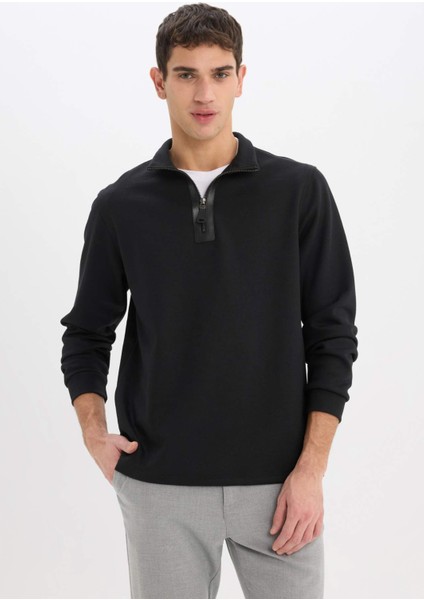Regular Fit Dik Yaka Yarım Fermuarlı Basic Düz Sweatshirt