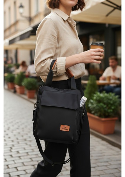 Kadın Siyah Çok Gözlü Hem Sırt Hem Çapraz Sırt Çantası