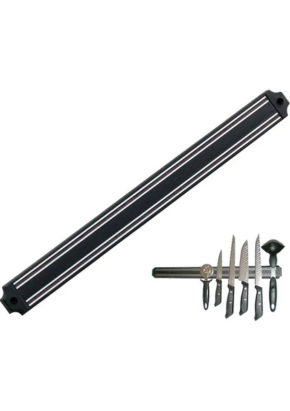 Mutfak Duvarına Monte Mıknatıslı Geniş Tutucu Stand - 55 cm - Siyah - Paslanmaz Çelik