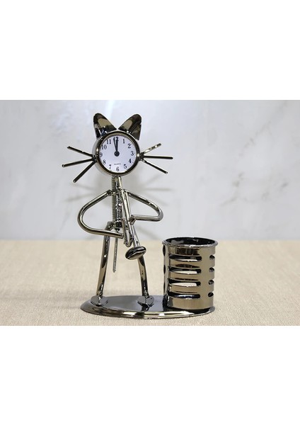 Metal Saksafon Çalan Kedi Müzisyen Saat ve Kalemlik ALK4346