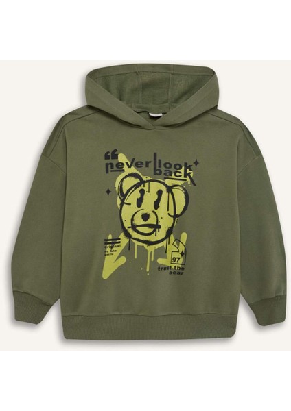 Kız Çocuk Oversize Geniş Kalıp Kapüşonlu Baskılı Sweatshirt