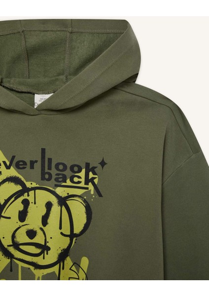 Kız Çocuk Oversize Geniş Kalıp Kapüşonlu Baskılı Sweatshirt