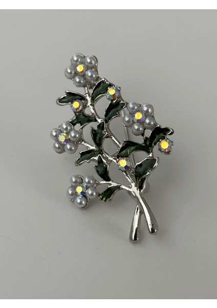Yeşil Yapraklı Beyaz Inci ve Taş Detaylı Çiçekli Silver Broş fiyatları
