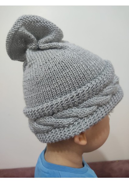 El Örgüsü Kalın Örme Kışlık Çocuk Beresi – 4-6 Yaş Uyumlu, Gri