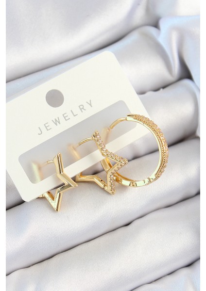 Pirinç Zirkon Taşlı Yıldız ve Halka Renk 3'lü Çift Kadın Küpe Set