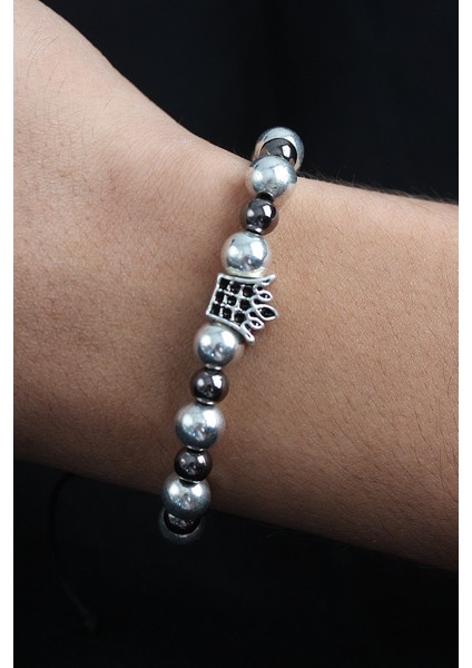 Doğal Taş Kral Tacı Gümüş ve Füme Renk Asansörlü Erkek Bileklik