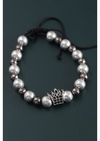 Doğal Taş Kral Tacı Gümüş ve Füme Renk Asansörlü Erkek Bileklik fiyatları