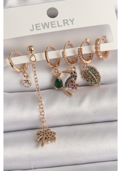 Pirinç Renk Sallantı Zirkon Taşlı Ağaç Figür Kadın Küpe Seti