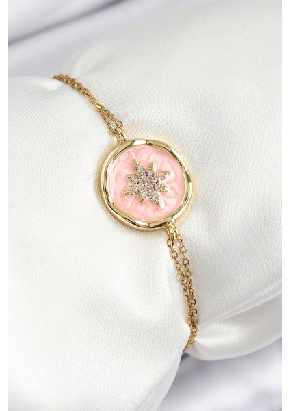 316L Çelik Zincir Pembe Mineli Sanatsal Portre Kuzey Yıldızı Renk Kadın Bileklik