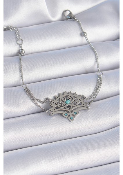 316L Çelik Gümüş Renk Taşlı Etnik Desen Kadın Bileklik