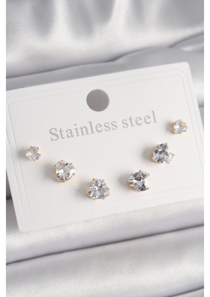 316L Çelik Renk Zirkon Taşlı Kalp Kadın Küpe Seti