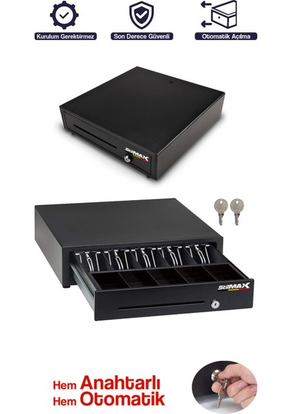 Büyük Boy Elektronik Kasa Çekmecesi – Çelik Gövde, 5+5 Para Bölmeli, 41×41 cm