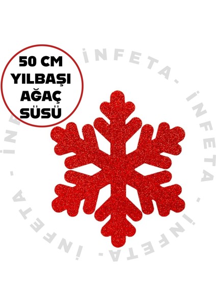 Yılbaşı Ağaç Süsü 50 cm Simli Kar Tanesi Kırmızı Çift Taraflı Noel Kar Tanesi 1 Adet