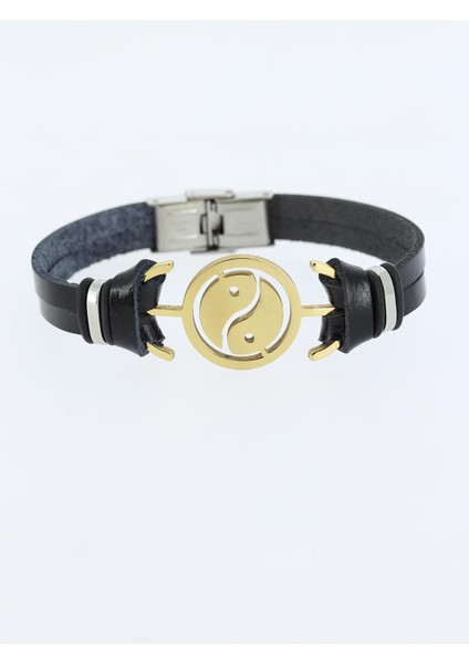 Renk Yin Yang Figürlü Metal Aksesuarlı Siyah Renk Deri Erkek Bileklik