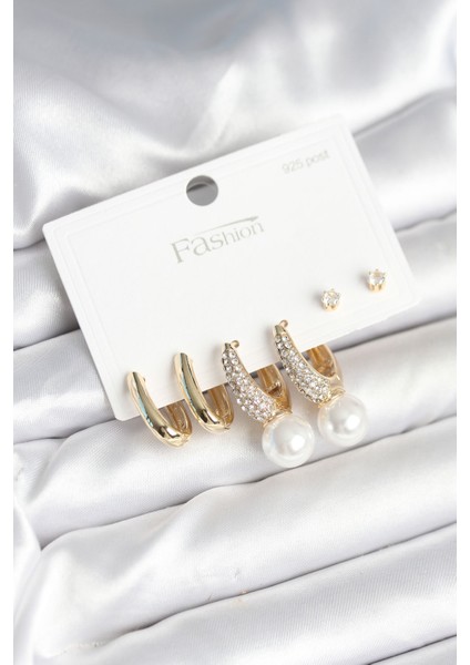 Pirinç Renk Zirkon Taşlı Inci Detaylı 925 Ayar Gümüş Çivili Kadın Küpe Seti