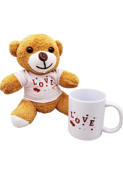 Love Baskılı Kahverengi Ayıcık ve Kupa Seti