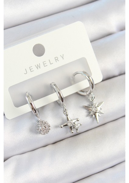 Pirinç Zirkon Taşlı Kutup Yıldızı Gümüş Renk 3'lü Çift Kadın Küpe Set