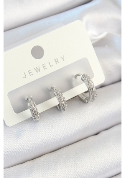 Pirinç Zirkon Taşlı Halka Gümüş Renk 3'lü Çift Kadın Küpe Set