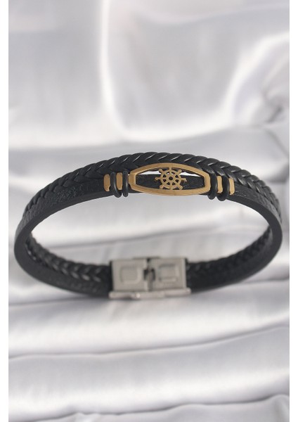316L Çelik Renk Gemi Dümen Figür Siyah Renk Çift Sıra Burgu Desenli Deri Kordon Erkek Bileklik